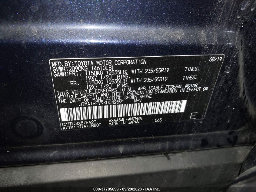 2019 TOYOTA RAV4 XLE PREMIUM - JTMA1RFV9KD042591