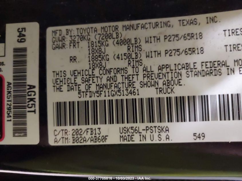 2016 TOYOTA TUNDRA 4WD TRUCK SR5/TRD PRO 5TFDY5F11GX513461