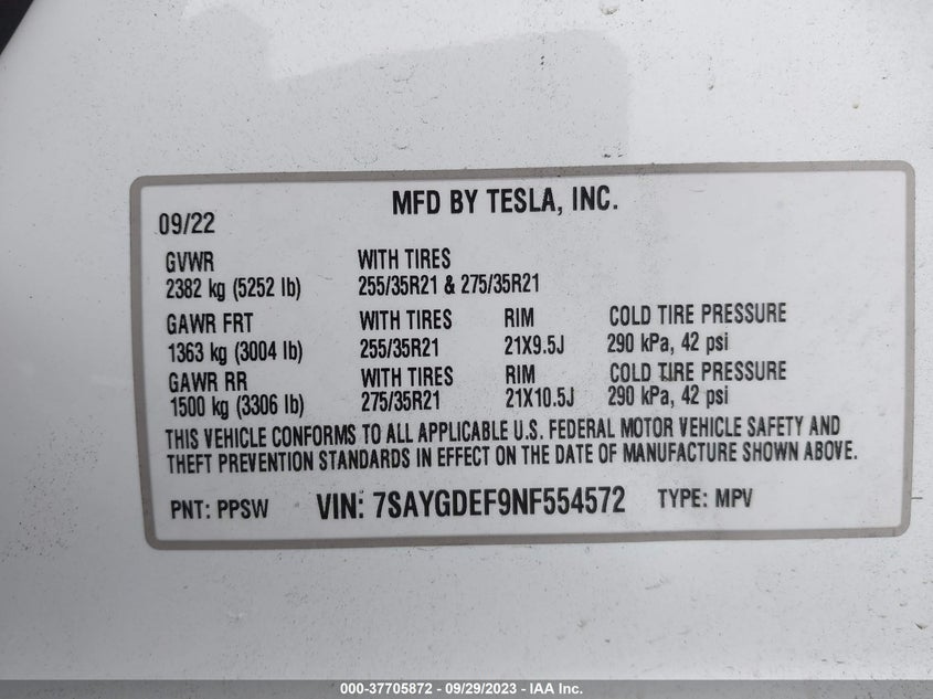 VIN 7SAYGDEF9NF554572 2022 TESLA MODEL Y PERFORMANCE