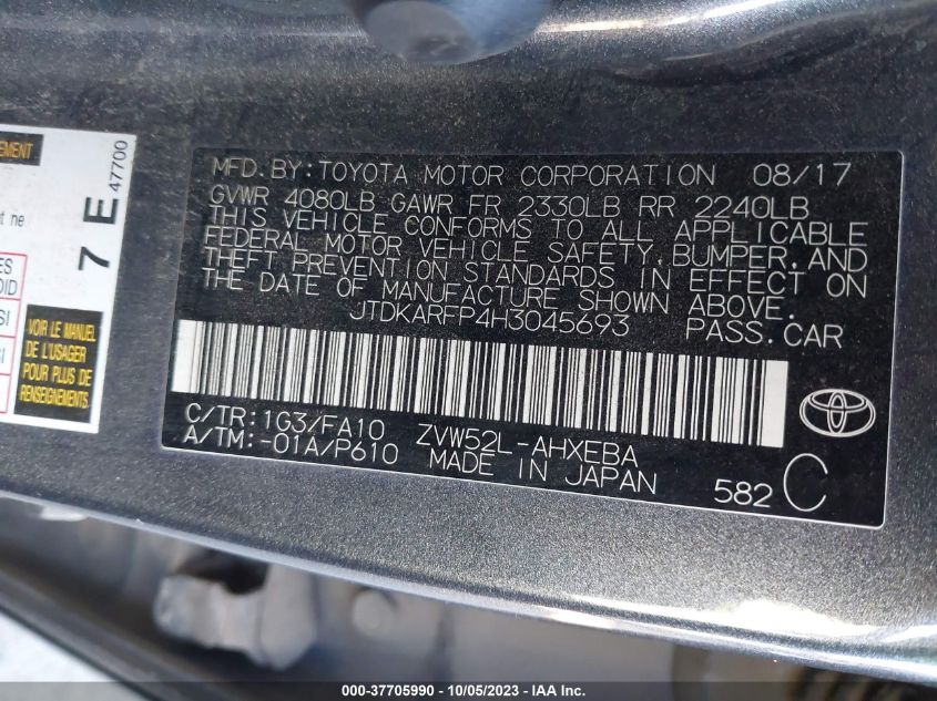 VIN JTDKARFP4H3045693 2017 TOYOTA PRIUS PRIME PLUS/PREMIUM/ADVANCED