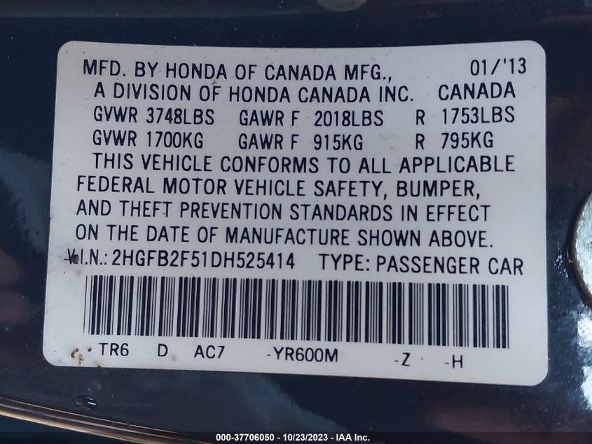 2013 HONDA CIVIC SDN LX - 2HGFB2F51DH525414