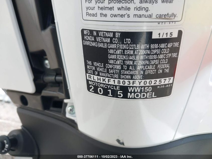 2015 HONDA PCX 150 RLHKF1803FY002577