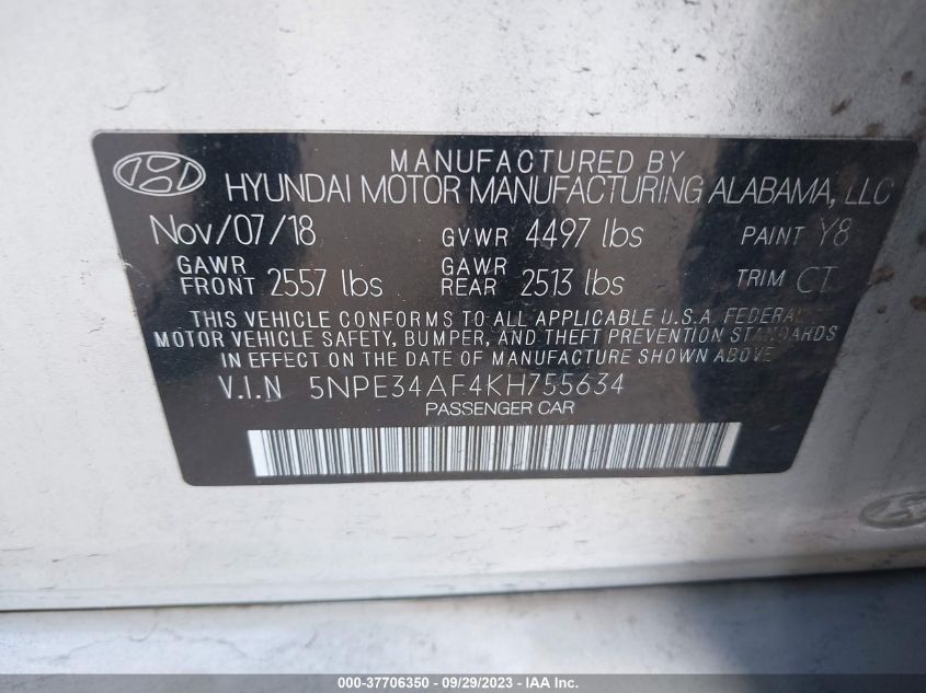 2019 HYUNDAI SONATA SPORT - 5NPE34AF4KH755634