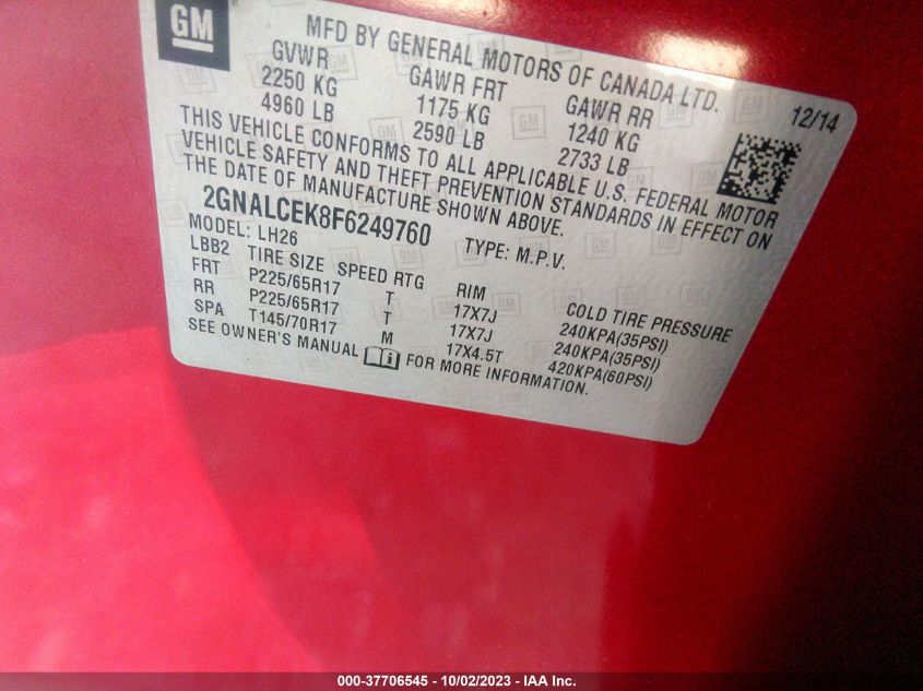 2015 CHEVROLET EQUINOX LT - 2GNALCEK8F6249760