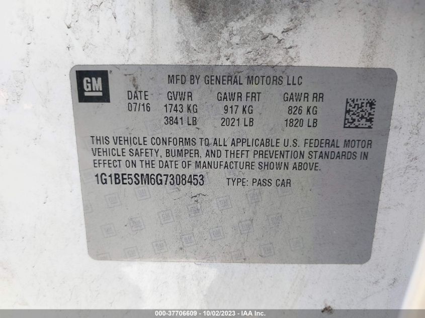 2016 CHEVROLET CRUZE LT - 1G1BE5SM6G7308453
