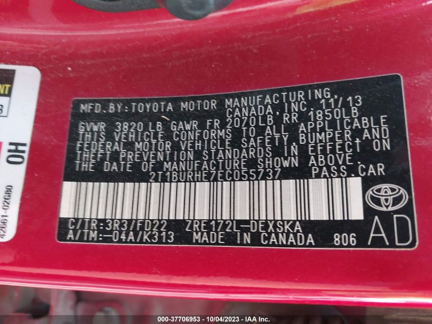 2014 TOYOTA COROLLA L/LE/S/S PLUS/LE PLUS - 2T1BURHE7EC055737