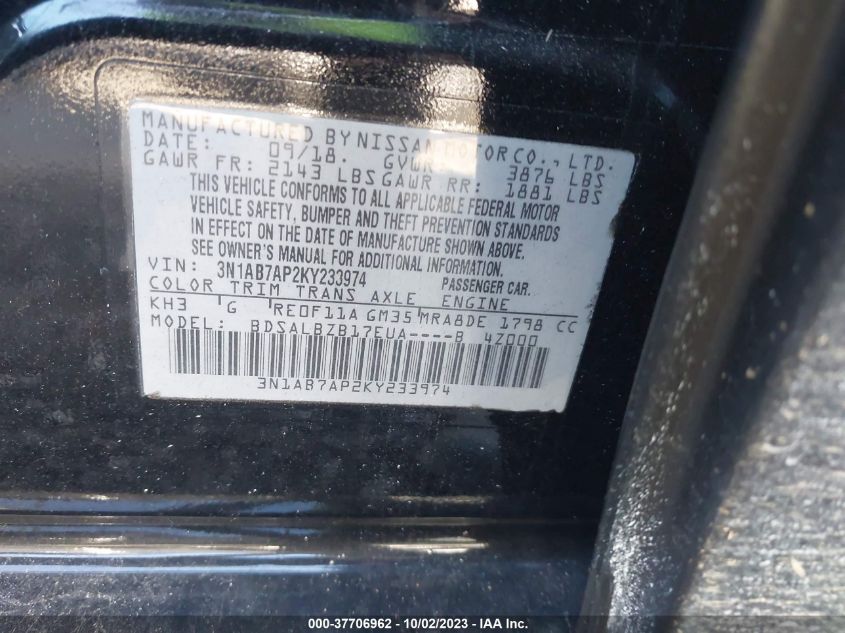 2019 NISSAN SENTRA S/SV/SR/SL - 3N1AB7AP2KY233974