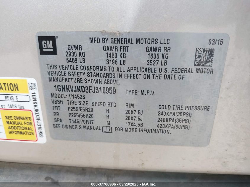 2015 CHEVROLET TRAVERSE LTZ - 1GNKVJKD3FJ310959