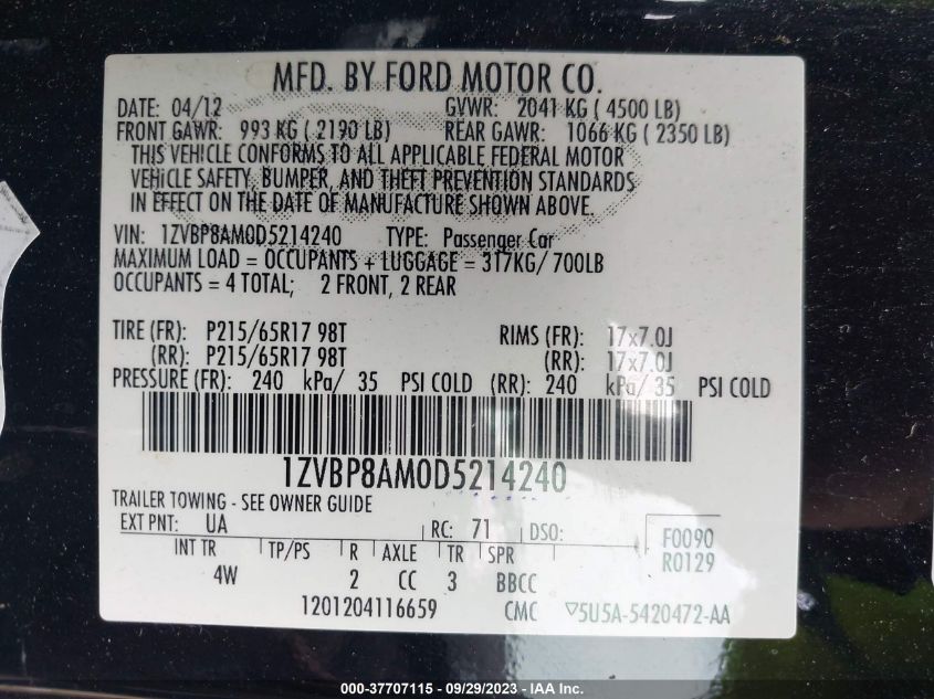 2013 FORD MUSTANG V6 - 1ZVBP8AM0D5214240