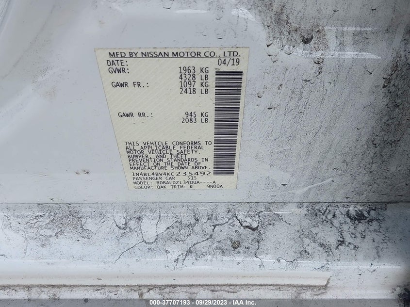 VIN 1N4BL4BV4KC235492 2019 NISSAN ALTIMA 2.5 S