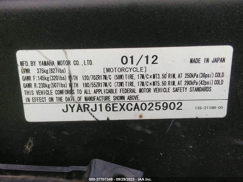 2012 YAMAHA YZFR6 JYARJ16EXCA025902