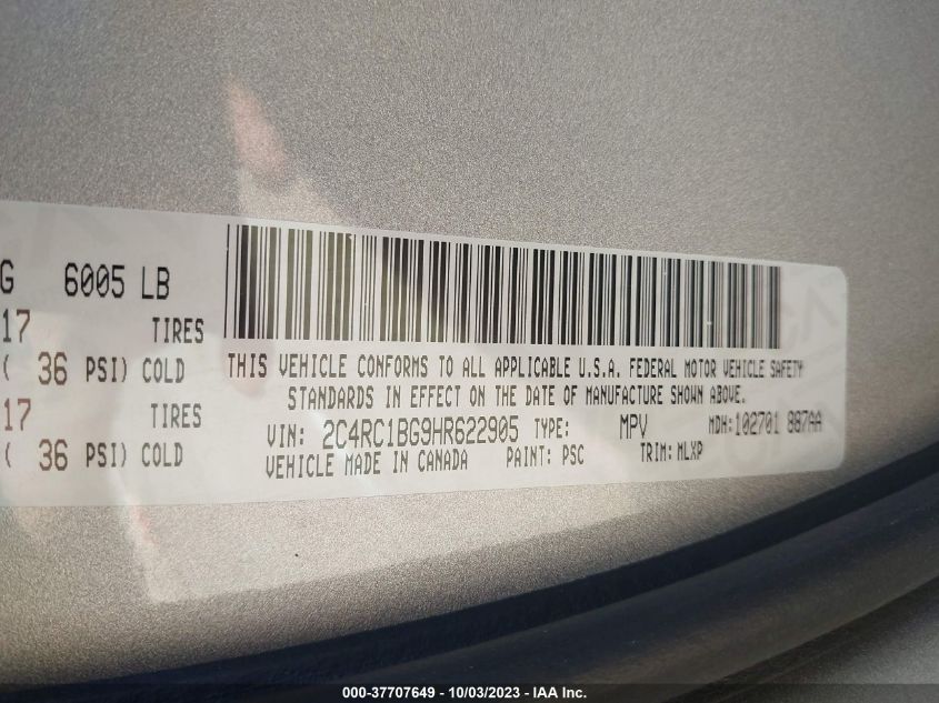 2C4RC1BG9HR622905 2017 CHRYSLER PACIFICA, photo no. 9