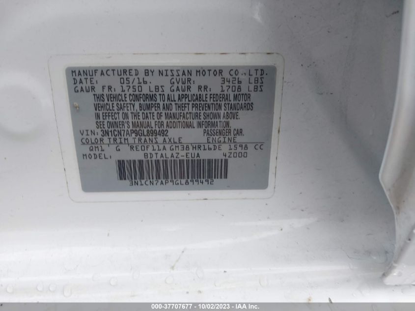 2016 NISSAN VERSA S/S PLUS/SV/SL - 3N1CN7AP9GL899492