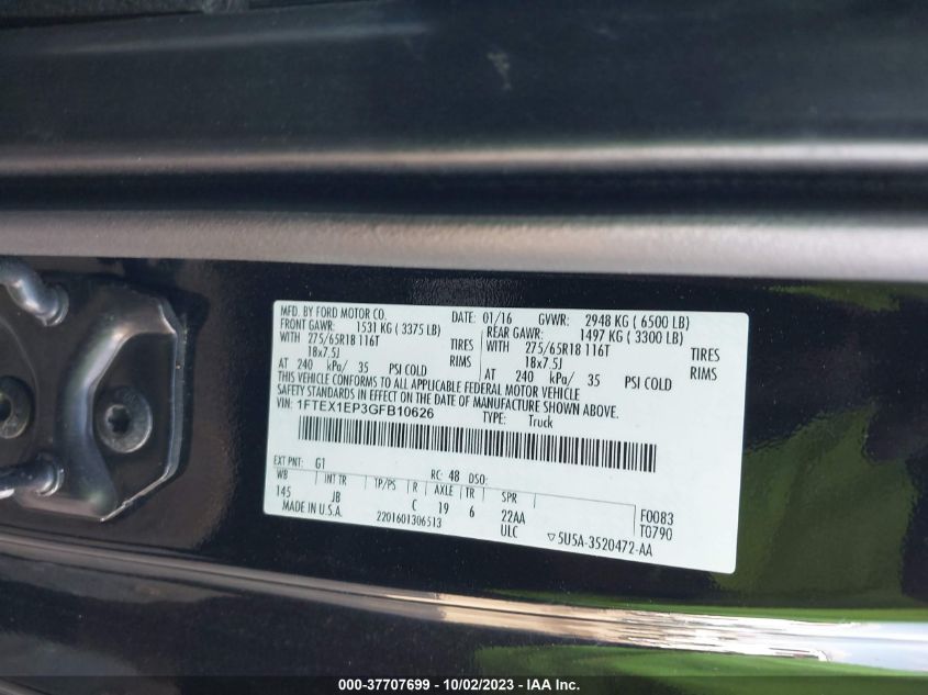 2016 FORD F-150 XLT/XL/LARIAT - 1FTEX1EP3GFB10626