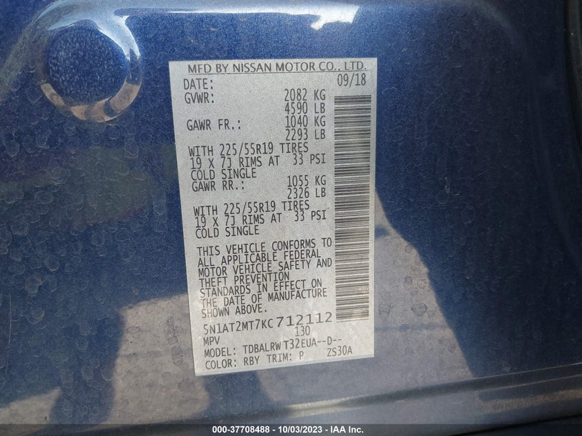VIN 5N1AT2MT7KC712112 2019 NISSAN ROGUE S/SL/SV