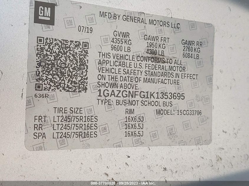 2019 CHEVROLET EXPRESS PASSENGER LS - 1GAZGNFG1K1353695