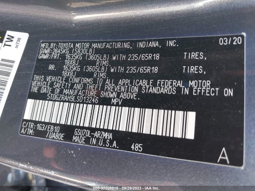 2020 TOYOTA HIGHLANDER XLE - 5TDGZRAH9LS013246