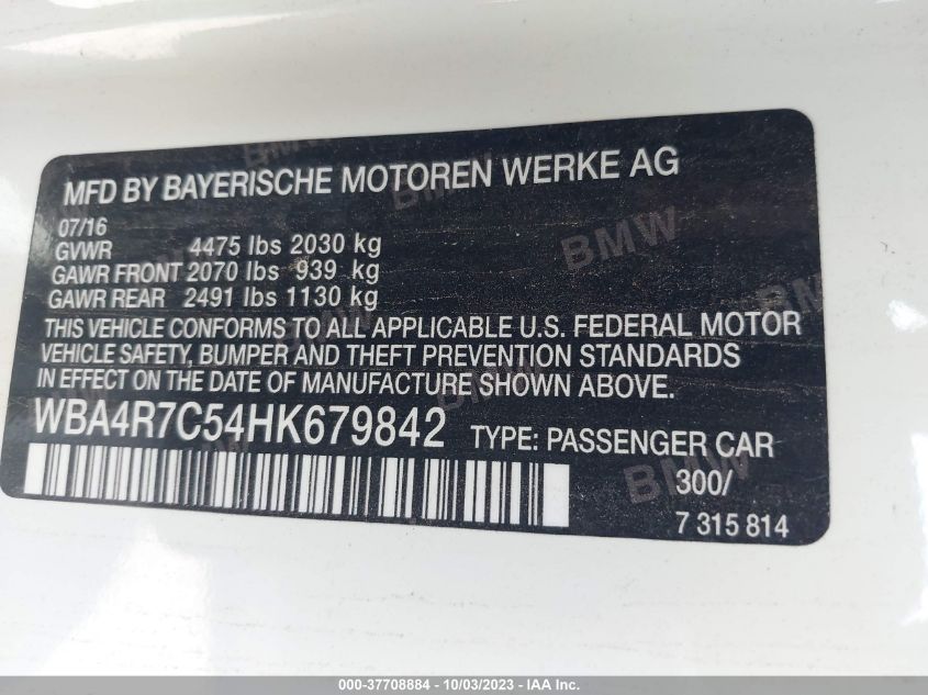 2017 BMW 430I WBA4R7C54HK679842