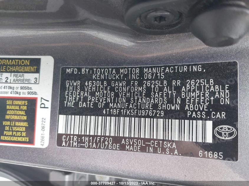 2015 TOYOTA CAMRY XLE/SE/LE/XSE - 4T1BF1FK5FU976729