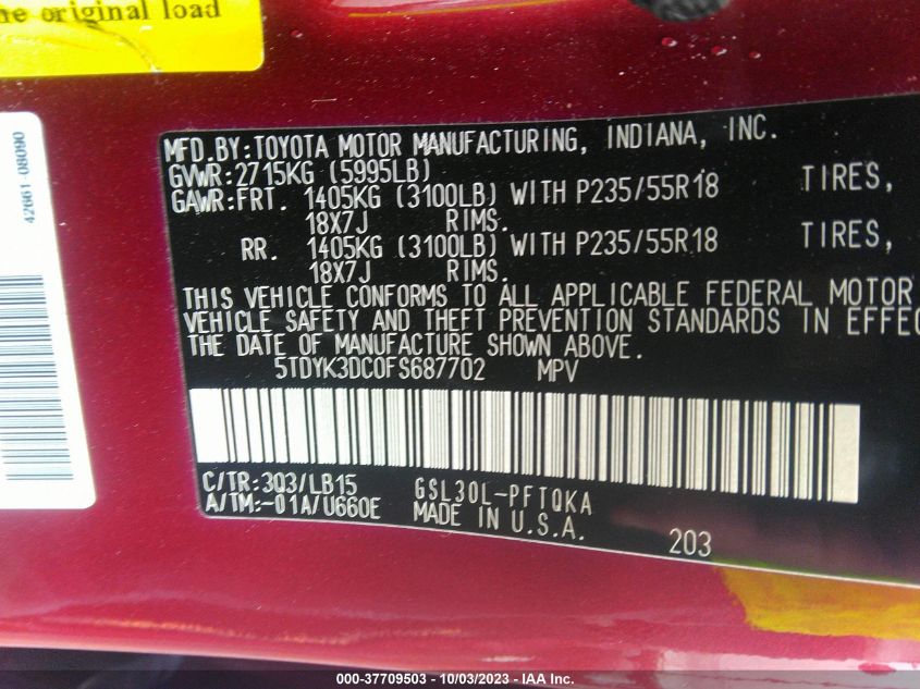 5TDYK3DC0FS687702 2015 TOYOTA SIENNA, photo no. 9