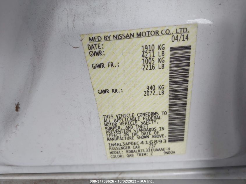 2014 NISSAN ALTIMA 2.5/S/SV/SL - 1N4AL3AP0EC416893