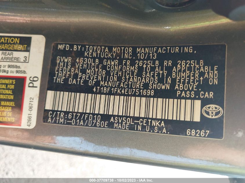 2014 TOYOTA CAMRY L/LE/XLE/SE/SE SPORT - 4T1BF1FK4EU751698