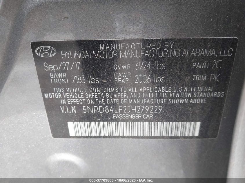 VIN 5NPD84LF2JH279229 2018 HYUNDAI ELANTRA SEL