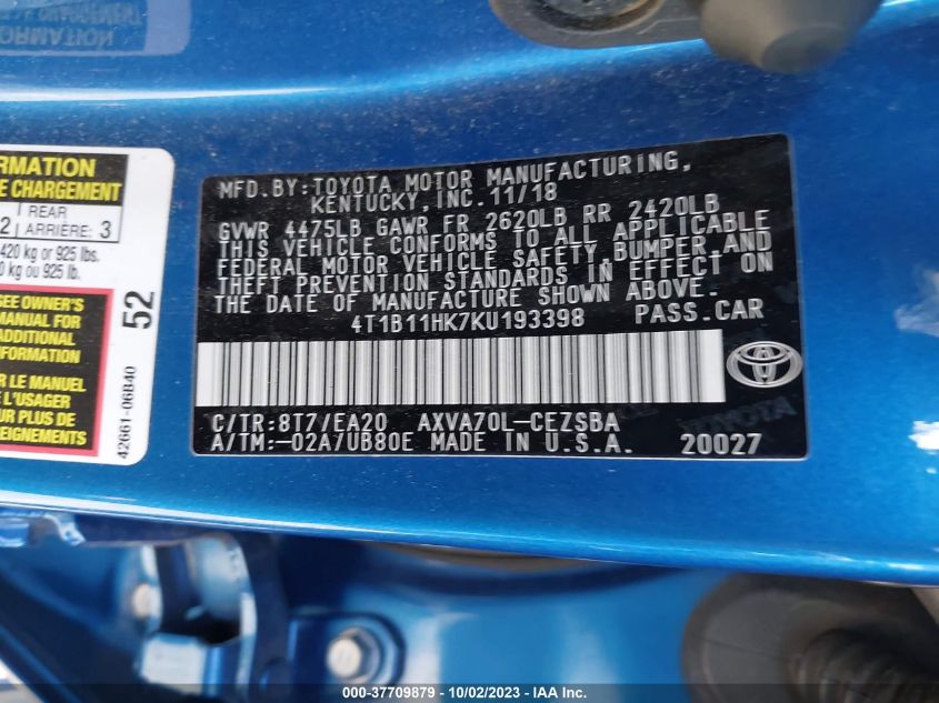 2019 TOYOTA CAMRY LE/SE/XLE/L - 4T1B11HK7KU193398