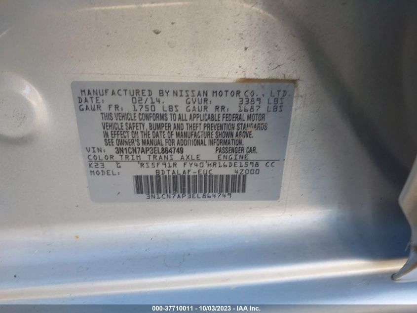 2014 NISSAN VERSA S/S PLUS/SV/SL - 3N1CN7AP3EL864749
