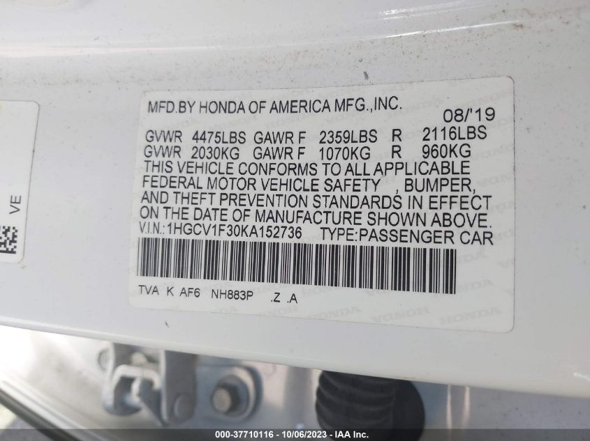 2019 HONDA ACCORD SPORT - 1HGCV1F30KA152736