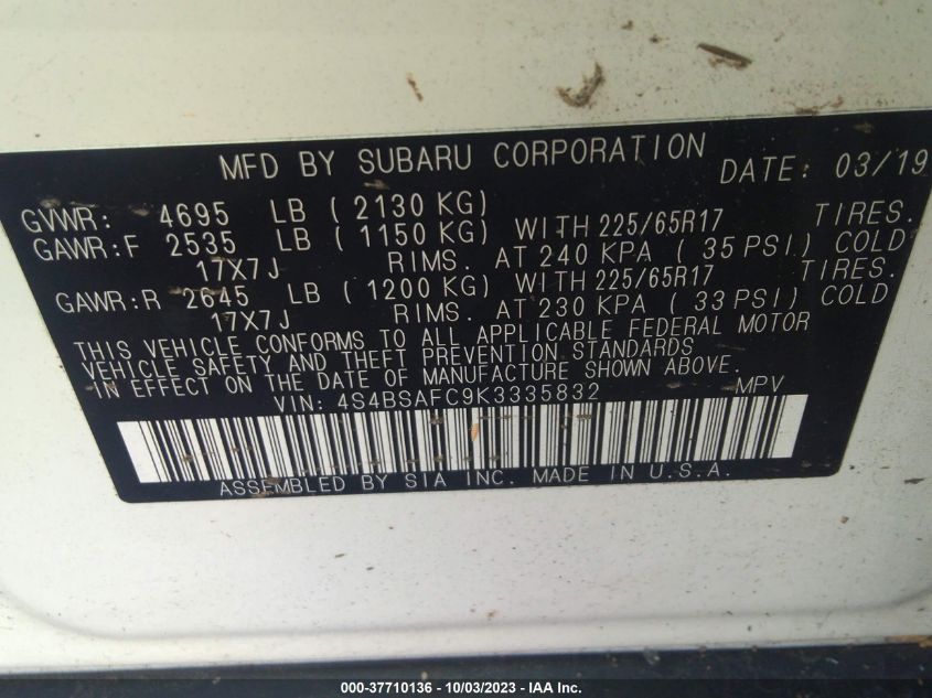 2019 SUBARU OUTBACK 2.5I PREMIUM - 4S4BSAFC9K3335832