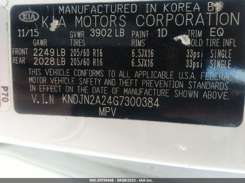 2016 KIA SOUL BASE - KNDJN2A24G7300384