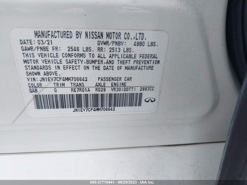 VIN JN1EV7CP4MM706642 2021 INFINITI Q50 3.0T SENSORY