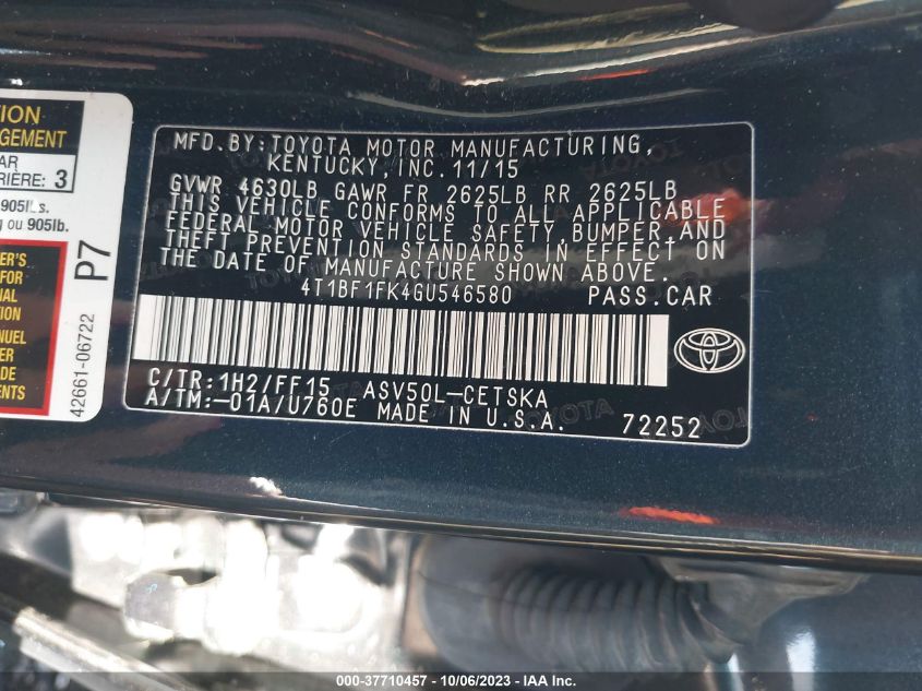 2016 TOYOTA CAMRY XLE/SE/LE/XSE - 4T1BF1FK4GU546580