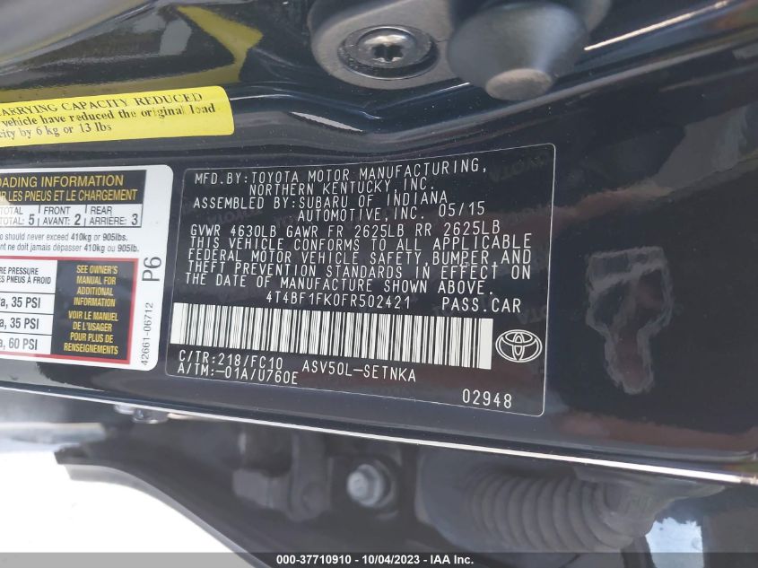 2015 TOYOTA CAMRY XLE/SE/LE/XSE - 4T4BF1FK0FR502421