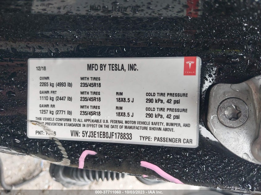 VIN 5YJ3E1EB0JF178833 2018 TESLA MODEL 3 LONG RANGE