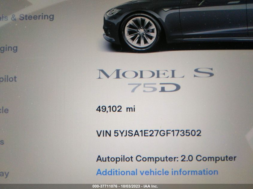 2016 TESLA MODEL S - 5YJSA1E27GF173502