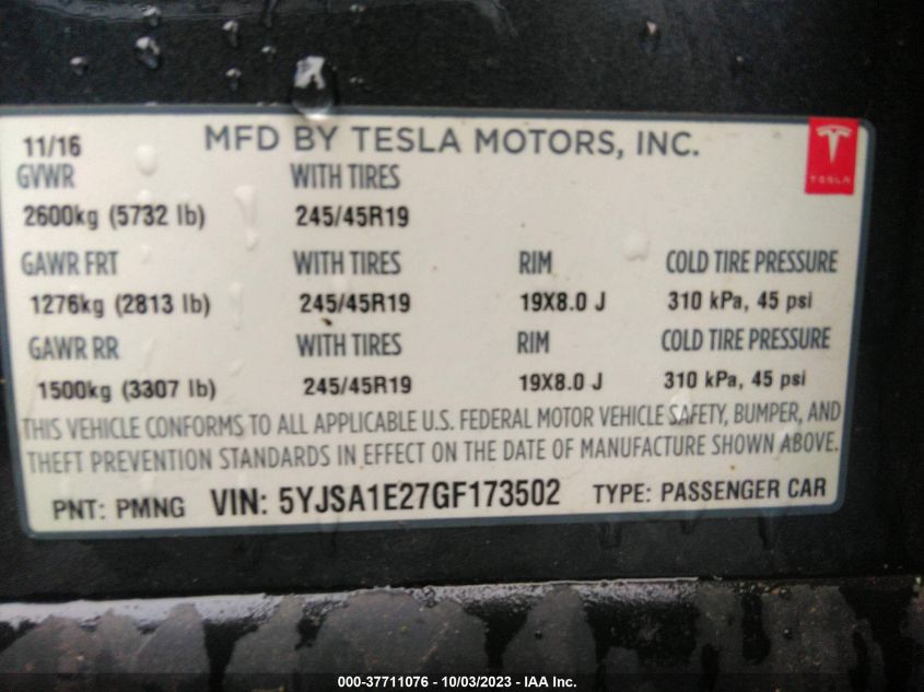 2016 TESLA MODEL S - 5YJSA1E27GF173502
