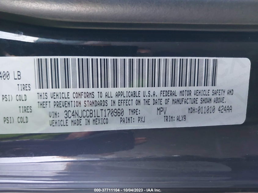 VIN 3C4NJCCB1LT170960 2020 JEEP COMPASS LIMITED