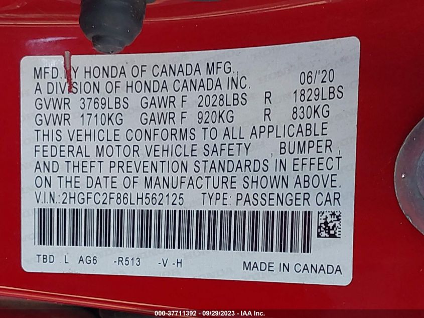 VIN 2HGFC2F86LH562125 2020 HONDA CIVIC SEDAN SPORT