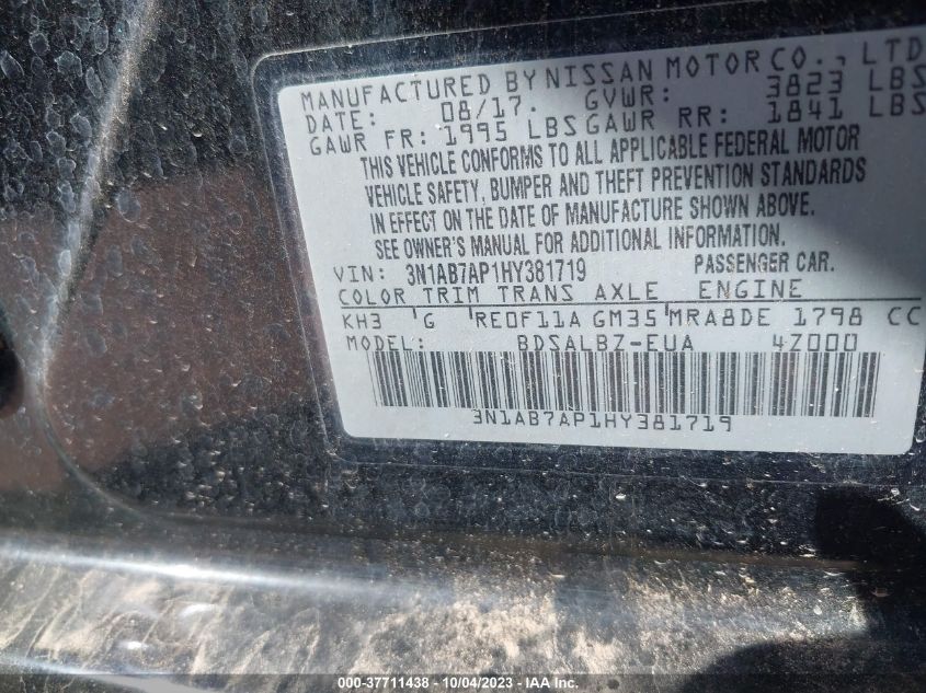 2017 NISSAN SENTRA S/SV/SR/SL - 3N1AB7AP1HY364256