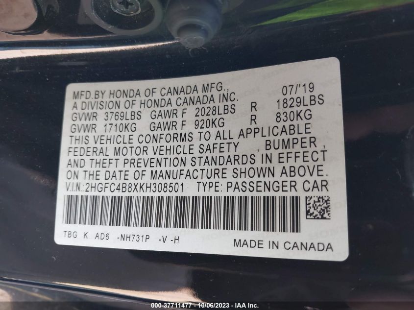 2019 HONDA CIVIC SPORT - 2HGFC4B8XKH308501