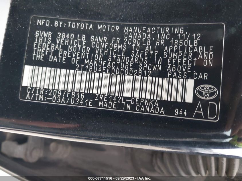 2013 TOYOTA COROLLA L/LE/S - 2T1BU4EE0DC002612