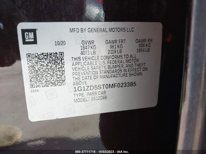 2021 CHEVROLET MALIBU LT - 1G1ZD5ST0MF023385