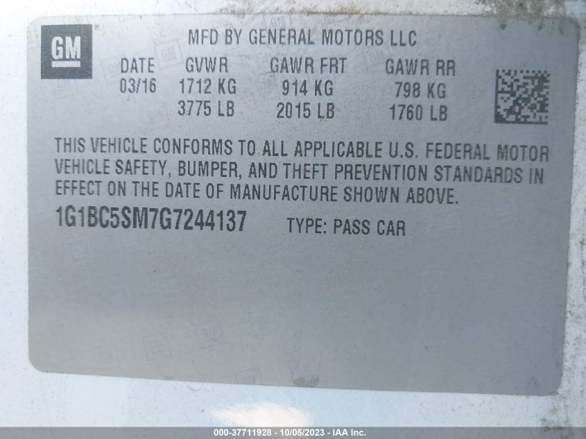 2016 CHEVROLET CRUZE LS - 1G1BC5SM7G7244137