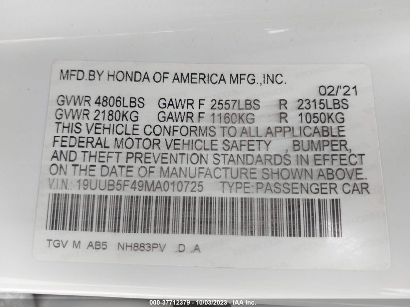 19UUB5F49MA010725 Acura TLX TECHNOLOGY 9