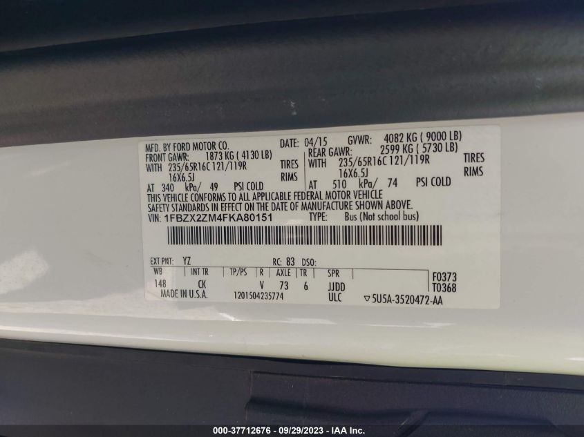 2015 FORD TRANSIT WAGON XL/XLT 1FBZX2ZM4FKA80151