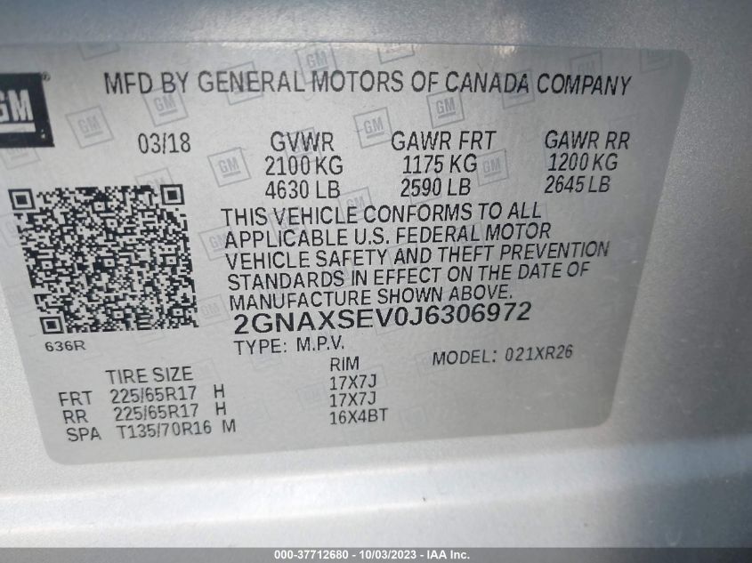 2018 CHEVROLET EQUINOX LT - 2GNAXSEV0J6306972