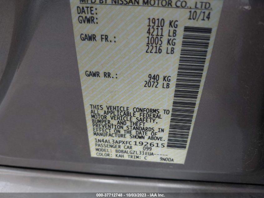 2015 NISSAN ALTIMA 2.5/S/SV/SL - 1N4AL3APXFC192615