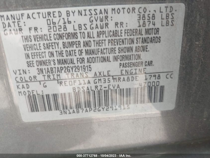 2016 NISSAN SENTRA SR - 3N1AB7AP2GY291915
